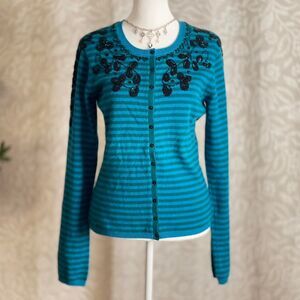 NWOT ONG Blue Striped Cashmere Beaded Cardigan Sleaze Academia Retro Size M